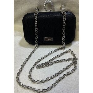 Jewell Black Hard Shell Faux Suede Evening‎ Prom Bag Rhinestone Ring Closure